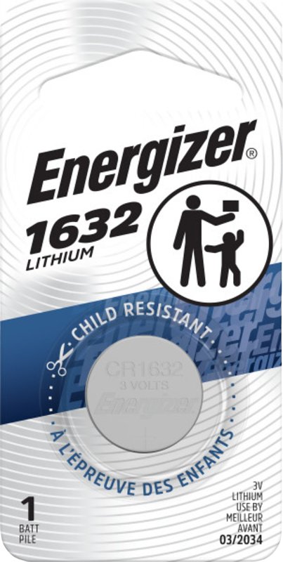 Energizer ECR1632BP Coin Cell Battery, 3 V Battery, 130 mAh, Lithium, Manganese Dioxide