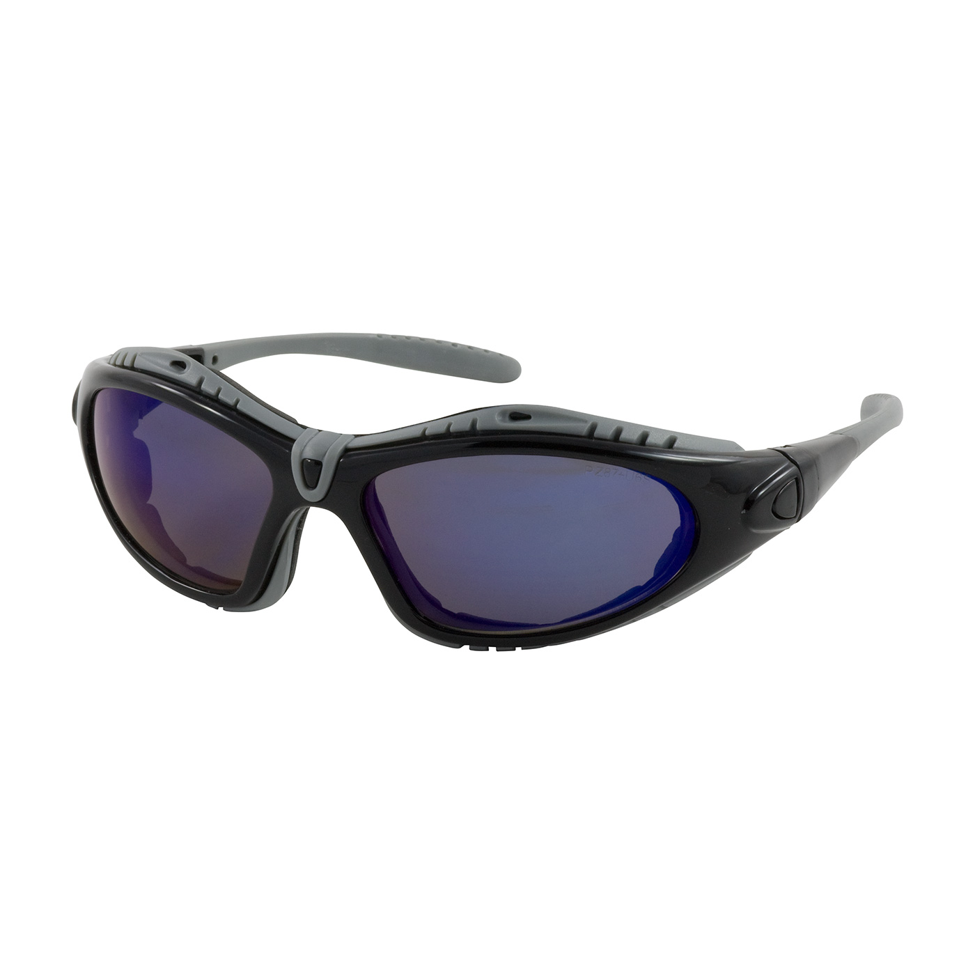 Full Frame Safety Glasses with Black Frame, Foam Padding, Blue Mirror Lens and Anti-Scratch / Anti-Fog Coating